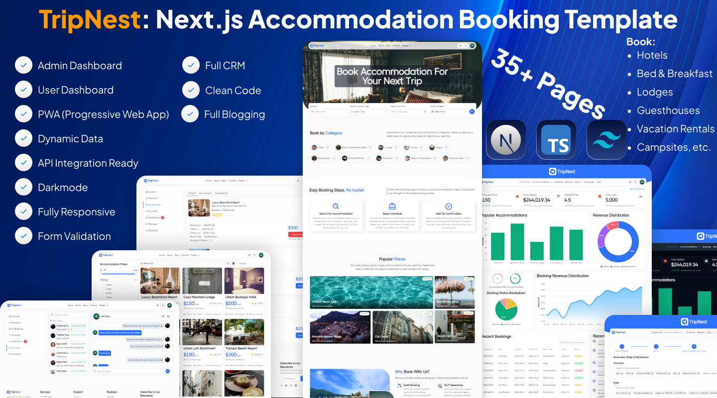 TripNest - Nextjs Accommodation Booking Template + User Dashboard and Admin Dashboard